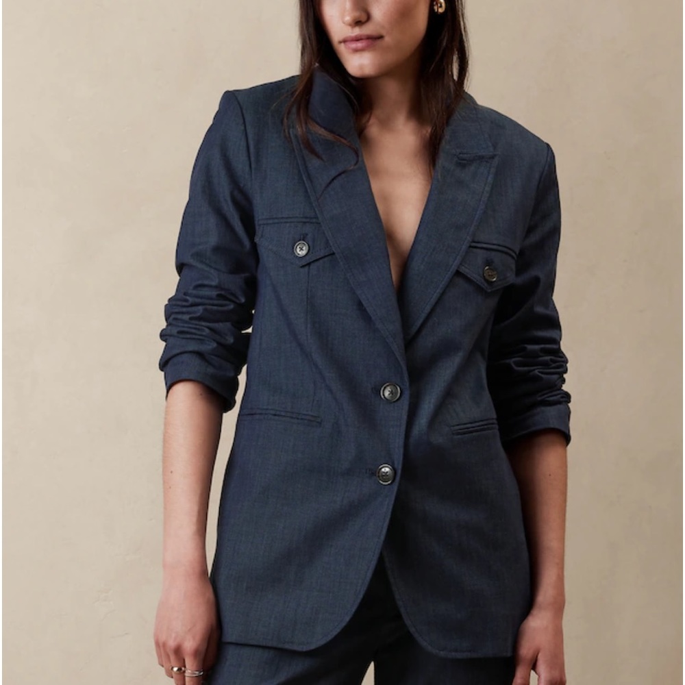Chambray Long Blazer in dark navy. Never been worn, received as a gift.
